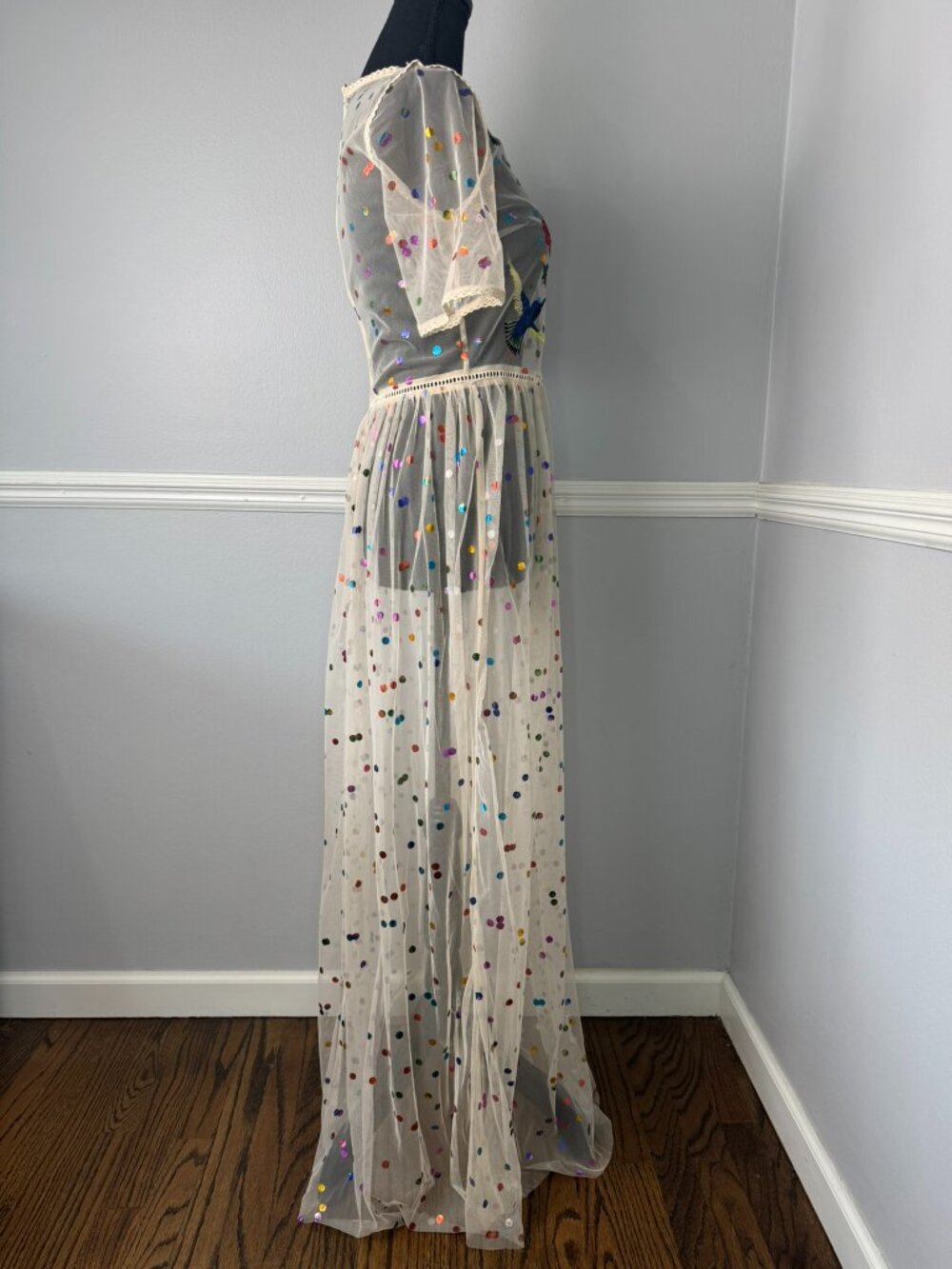 Frock & Frill Sx 4 Floral Bird Embroidered Maxi Dress Allover Rainbow Polka Dot - Picture 5 of 9